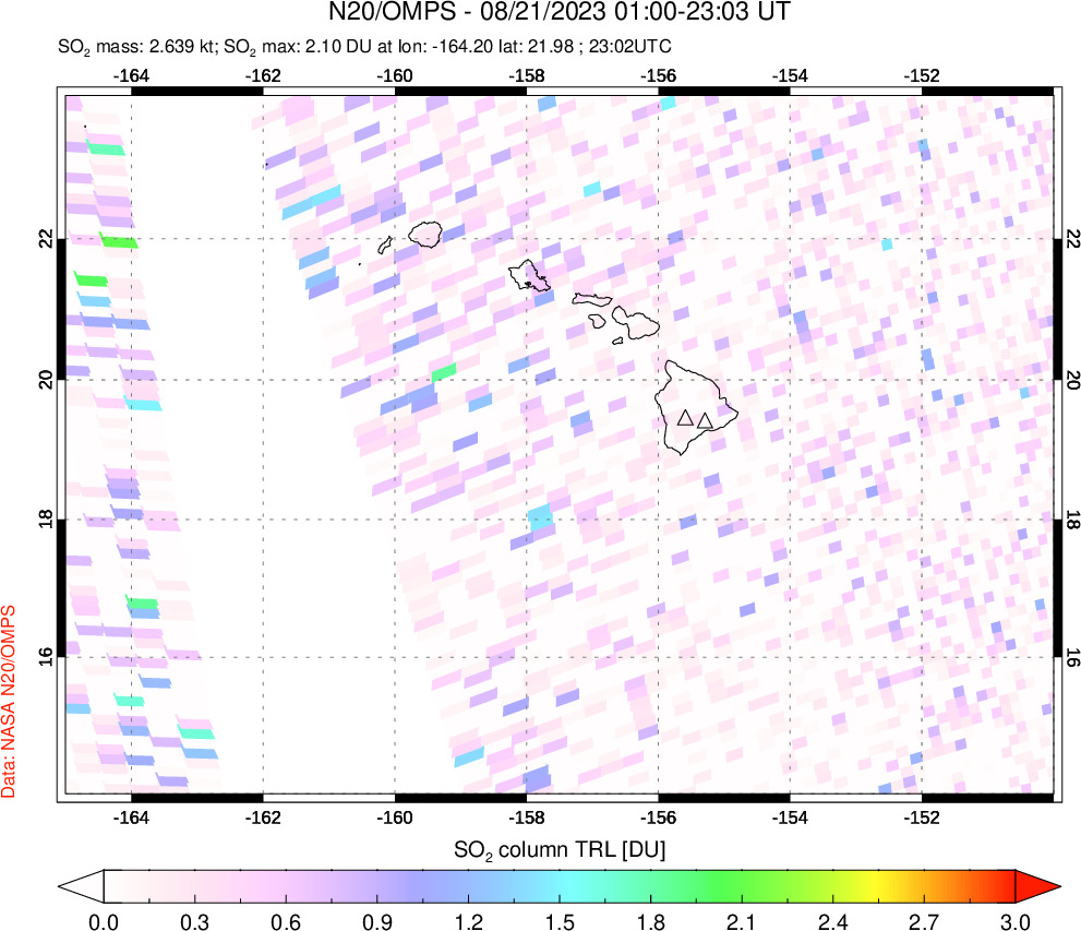 A sulfur dioxide image over Hawaii, USA on Aug 21, 2023.