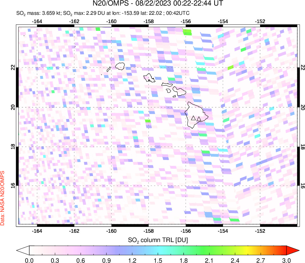 A sulfur dioxide image over Hawaii, USA on Aug 22, 2023.