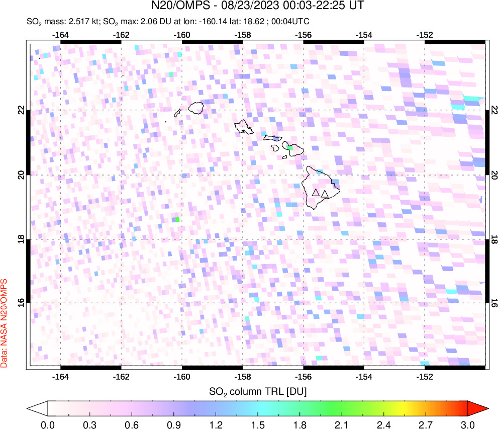 A sulfur dioxide image over Hawaii, USA on Aug 23, 2023.