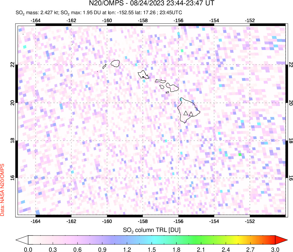 A sulfur dioxide image over Hawaii, USA on Aug 24, 2023.