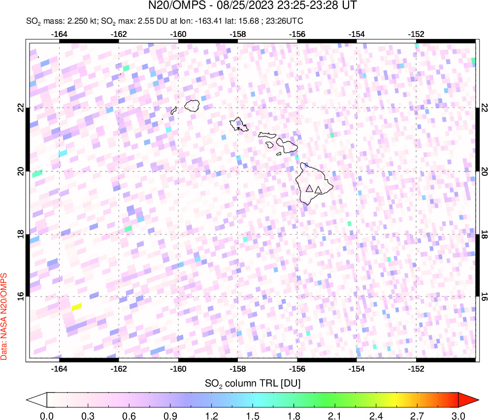 A sulfur dioxide image over Hawaii, USA on Aug 25, 2023.