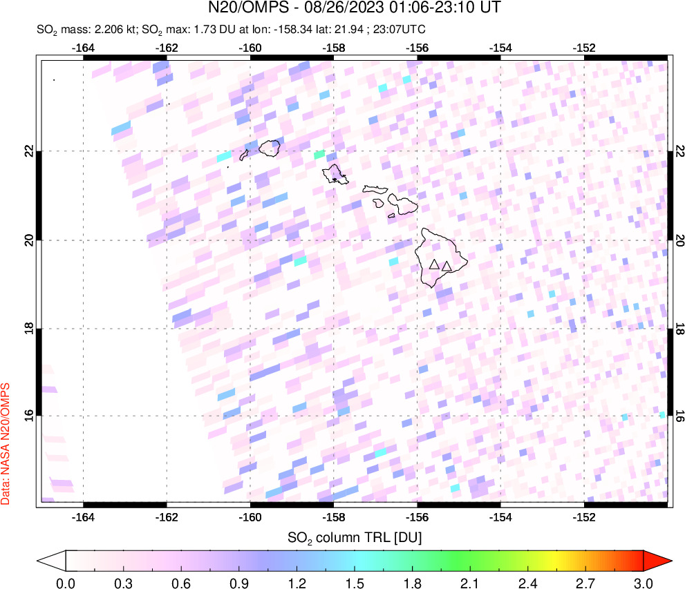 A sulfur dioxide image over Hawaii, USA on Aug 26, 2023.