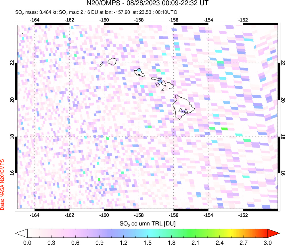 A sulfur dioxide image over Hawaii, USA on Aug 28, 2023.