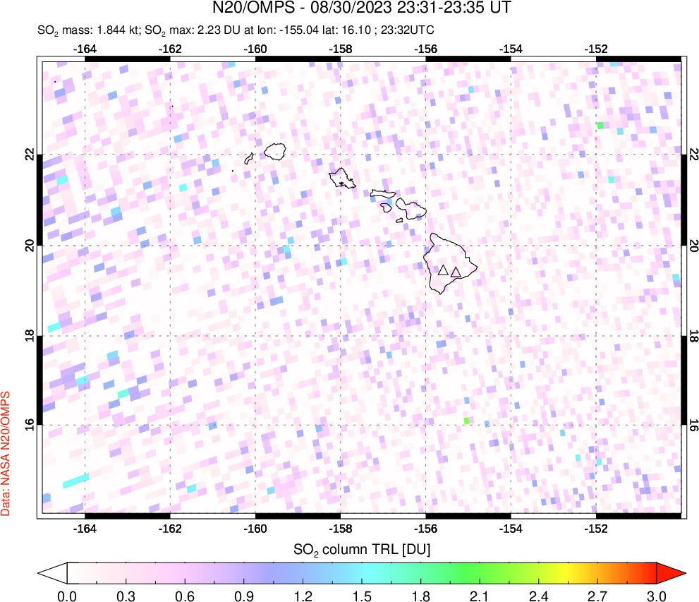 A sulfur dioxide image over Hawaii, USA on Aug 30, 2023.