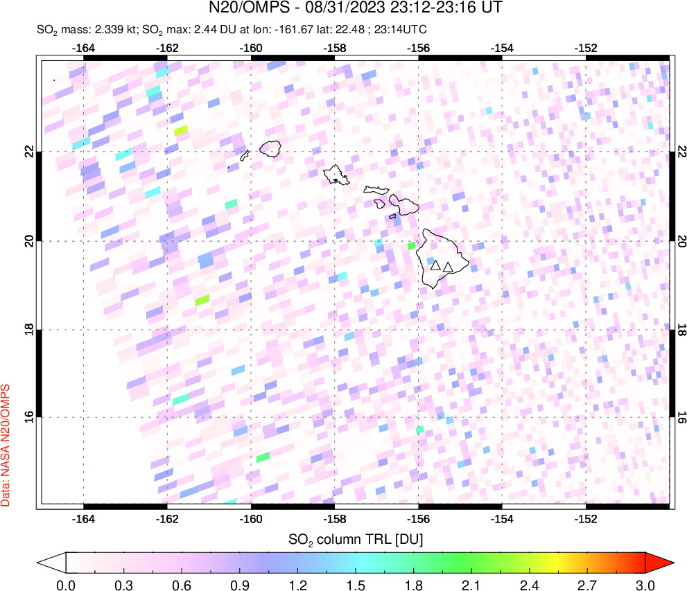 A sulfur dioxide image over Hawaii, USA on Aug 31, 2023.