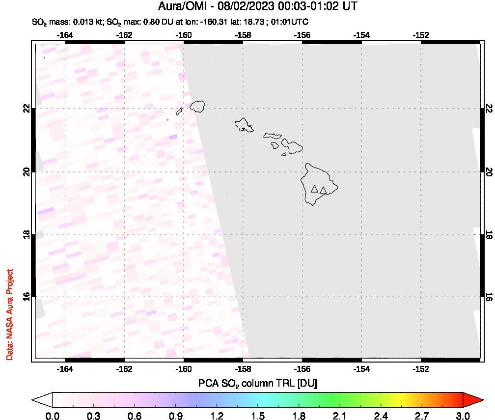 A sulfur dioxide image over Hawaii, USA on Aug 02, 2023.