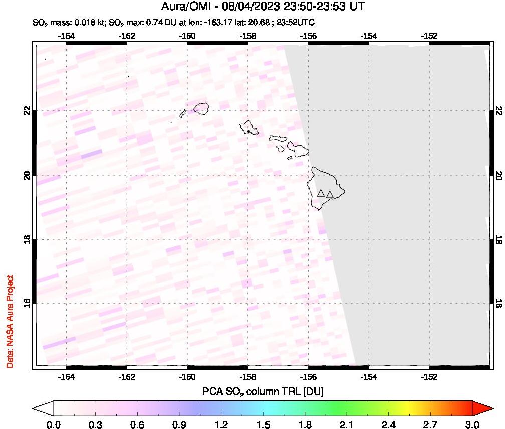 A sulfur dioxide image over Hawaii, USA on Aug 04, 2023.