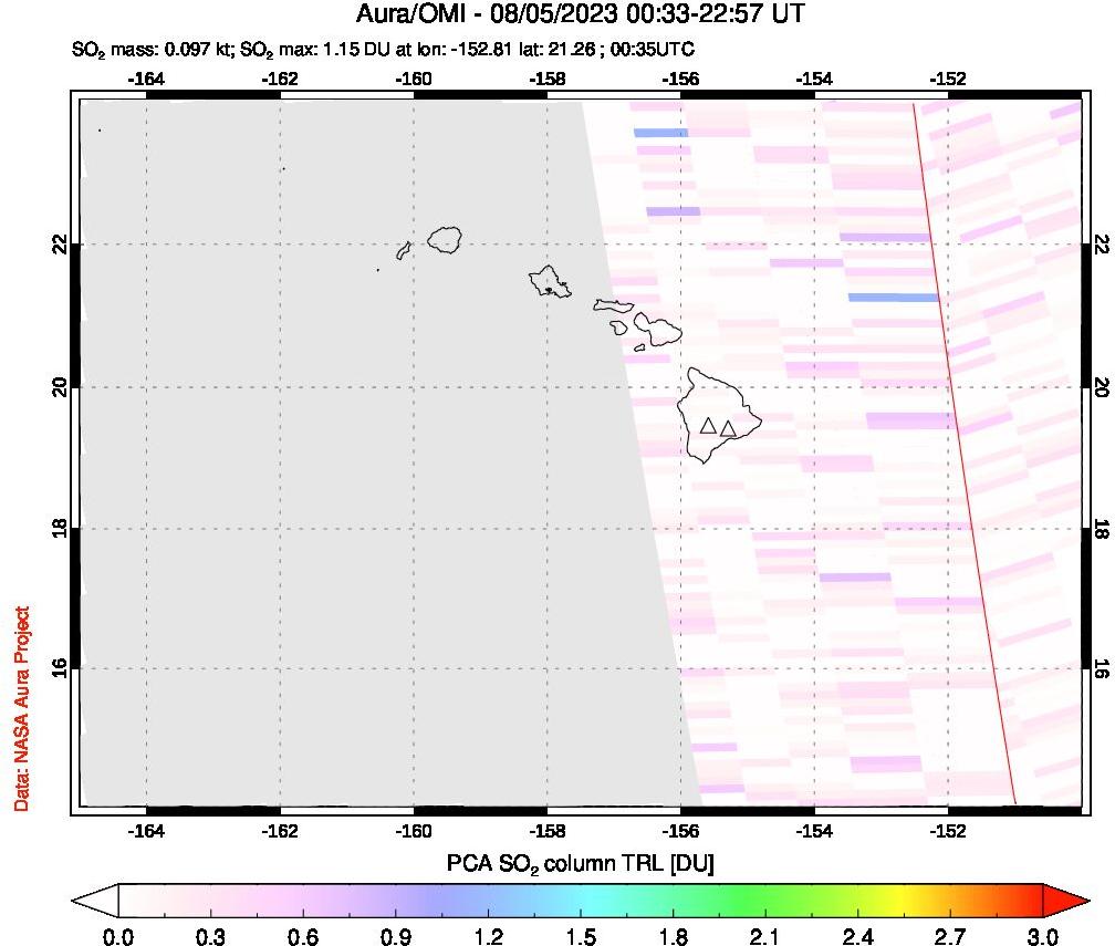 A sulfur dioxide image over Hawaii, USA on Aug 05, 2023.