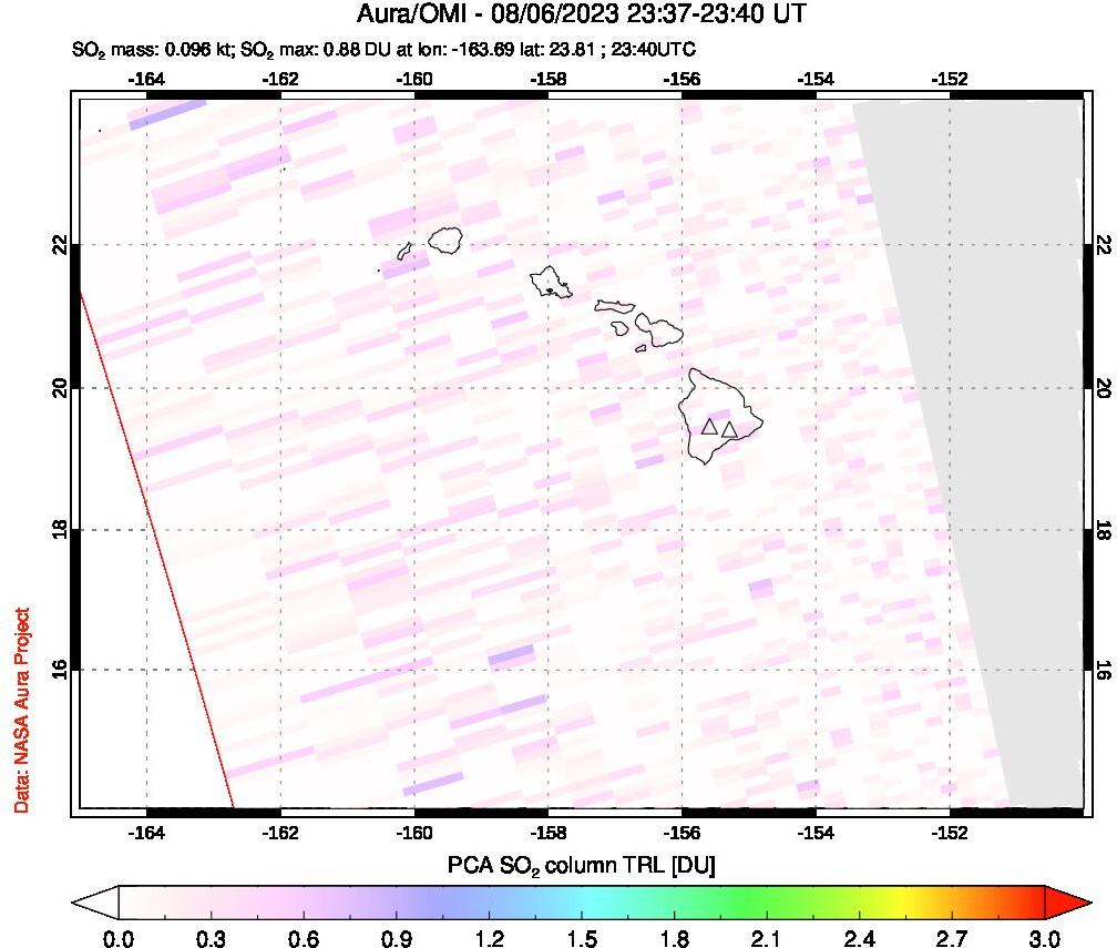 A sulfur dioxide image over Hawaii, USA on Aug 06, 2023.