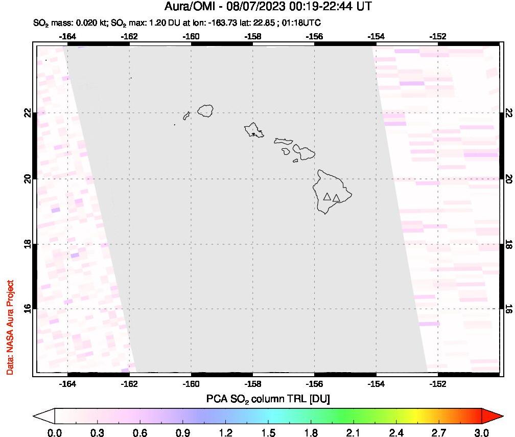A sulfur dioxide image over Hawaii, USA on Aug 07, 2023.