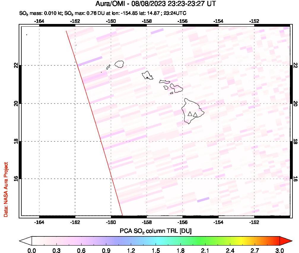 A sulfur dioxide image over Hawaii, USA on Aug 08, 2023.