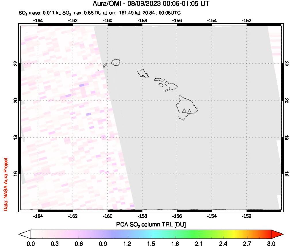 A sulfur dioxide image over Hawaii, USA on Aug 09, 2023.