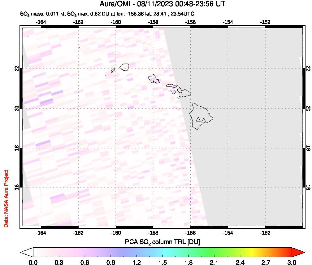 A sulfur dioxide image over Hawaii, USA on Aug 11, 2023.