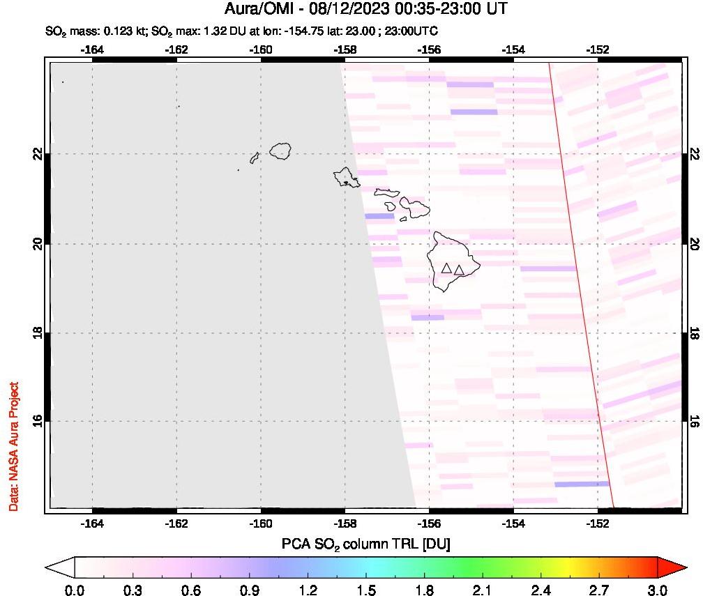 A sulfur dioxide image over Hawaii, USA on Aug 12, 2023.