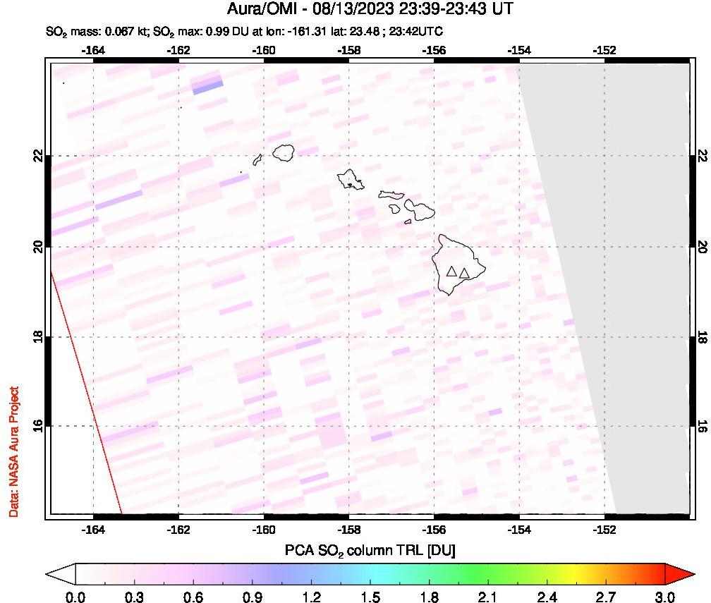 A sulfur dioxide image over Hawaii, USA on Aug 13, 2023.