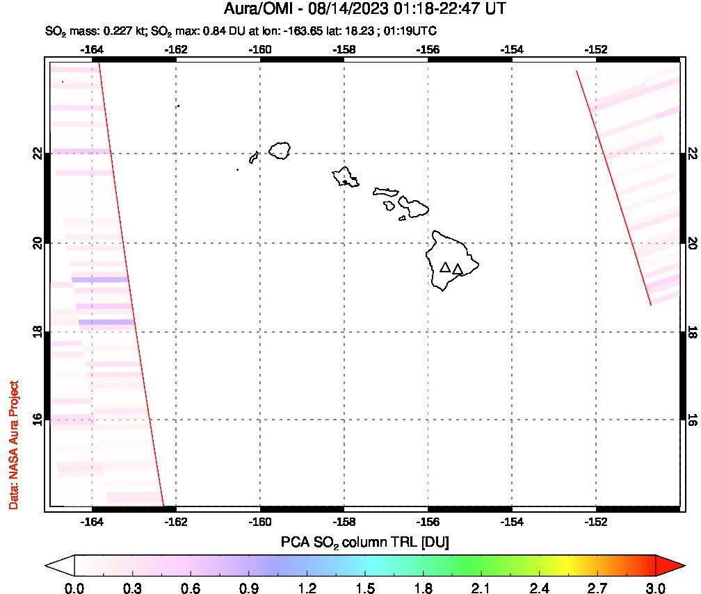 A sulfur dioxide image over Hawaii, USA on Aug 14, 2023.