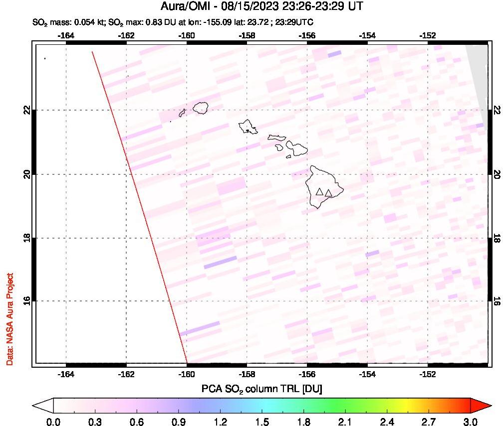 A sulfur dioxide image over Hawaii, USA on Aug 15, 2023.