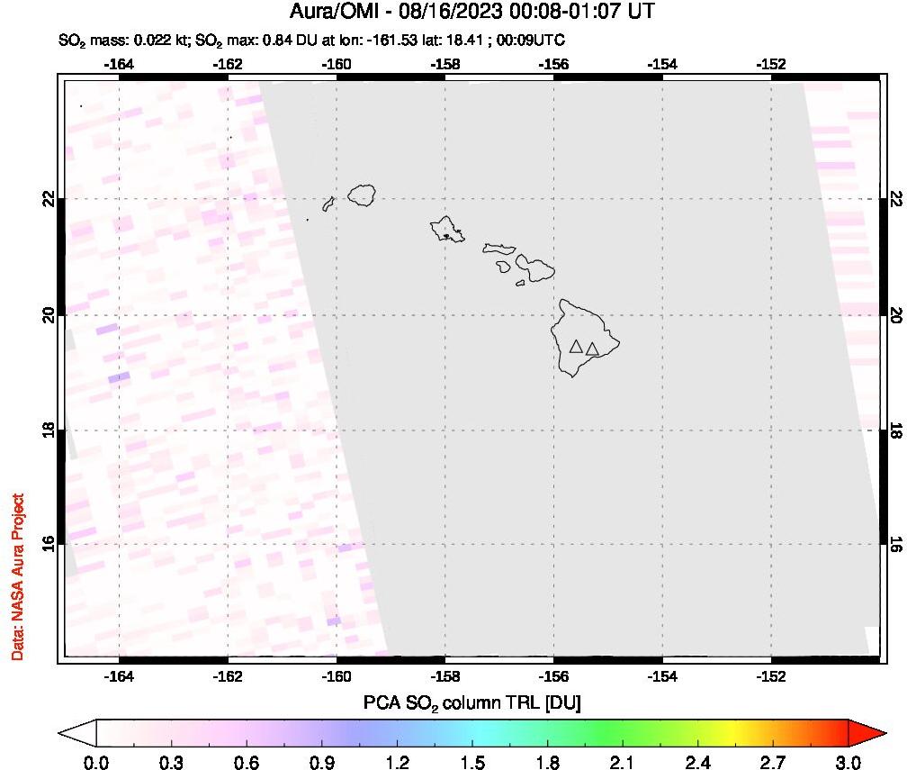 A sulfur dioxide image over Hawaii, USA on Aug 16, 2023.