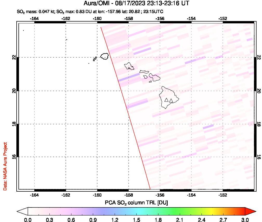 A sulfur dioxide image over Hawaii, USA on Aug 17, 2023.