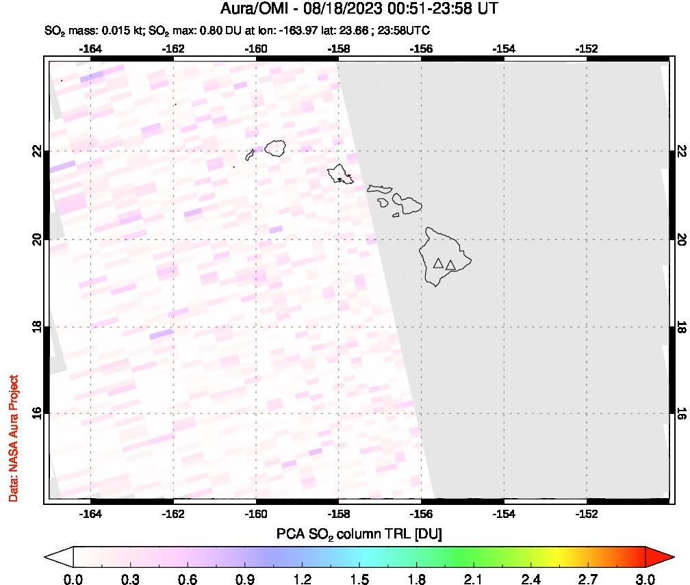 A sulfur dioxide image over Hawaii, USA on Aug 18, 2023.