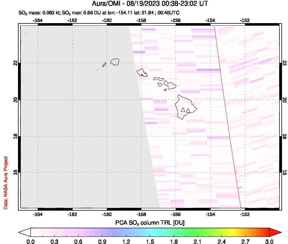 A sulfur dioxide image over Hawaii, USA on Aug 19, 2023.