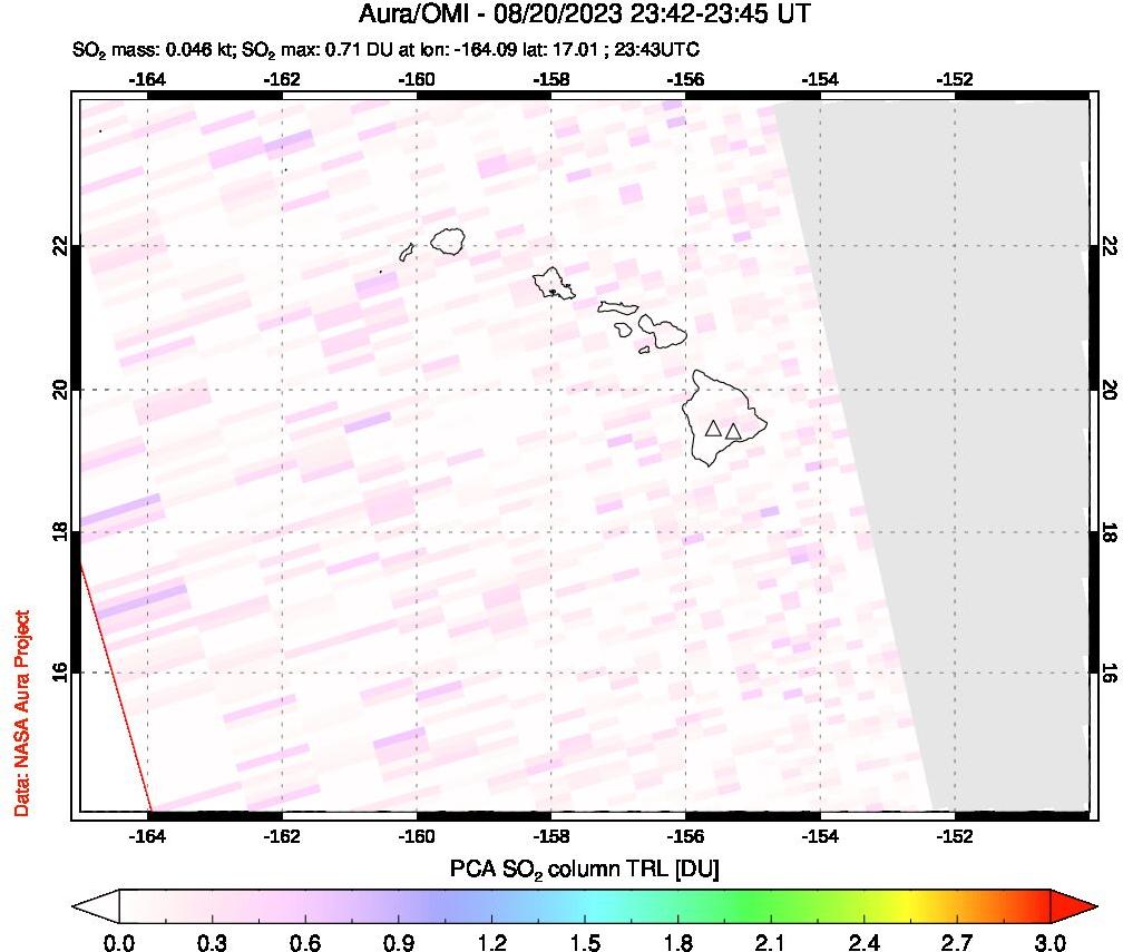 A sulfur dioxide image over Hawaii, USA on Aug 20, 2023.