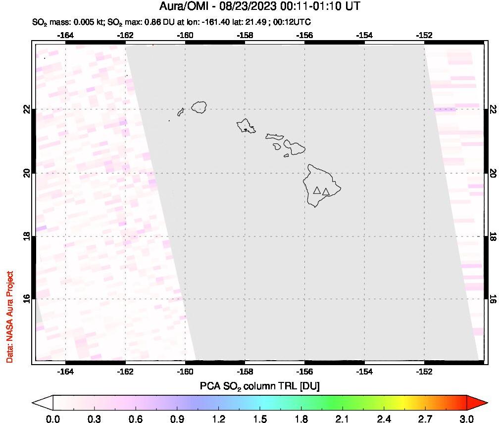 A sulfur dioxide image over Hawaii, USA on Aug 23, 2023.
