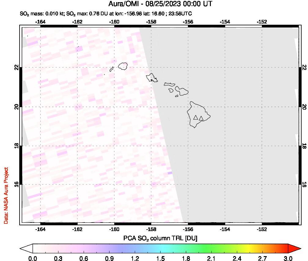 A sulfur dioxide image over Hawaii, USA on Aug 25, 2023.