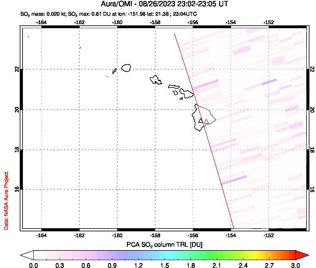 A sulfur dioxide image over Hawaii, USA on Aug 26, 2023.