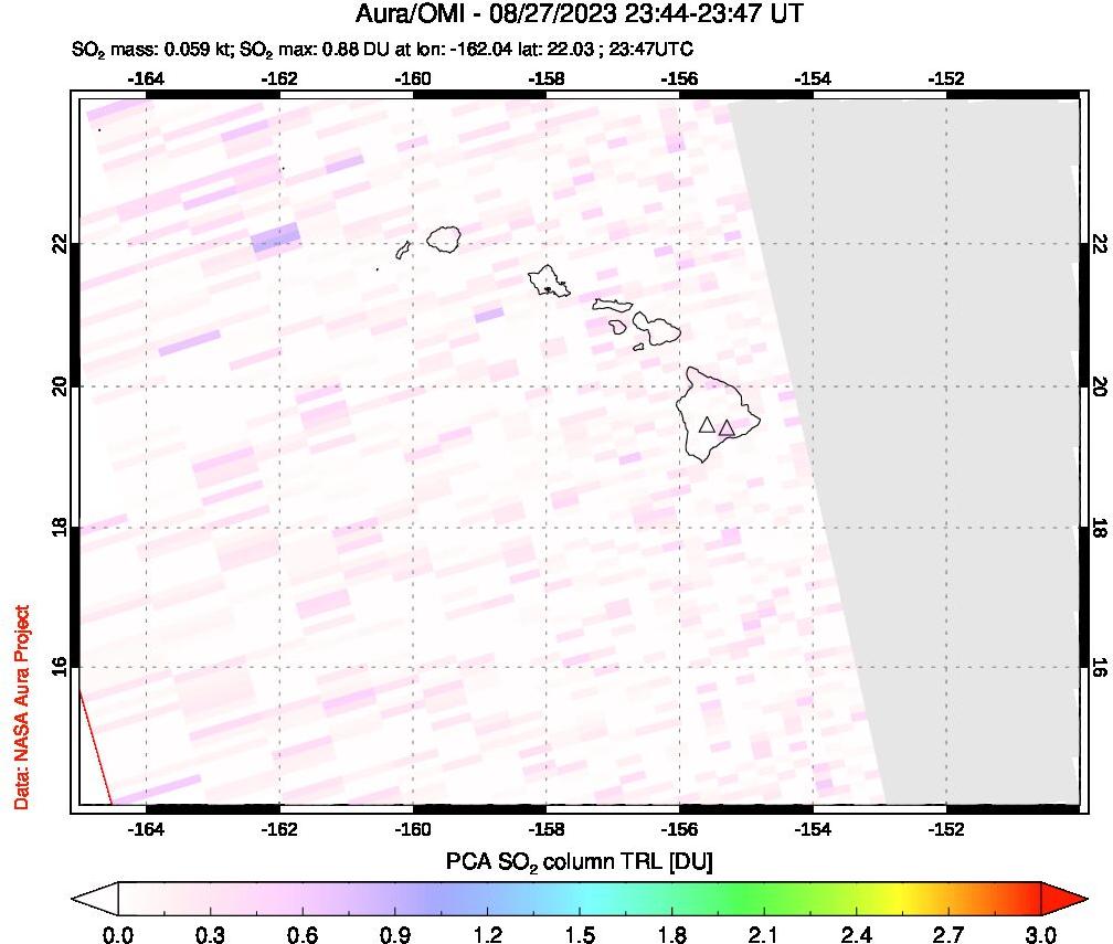 A sulfur dioxide image over Hawaii, USA on Aug 27, 2023.