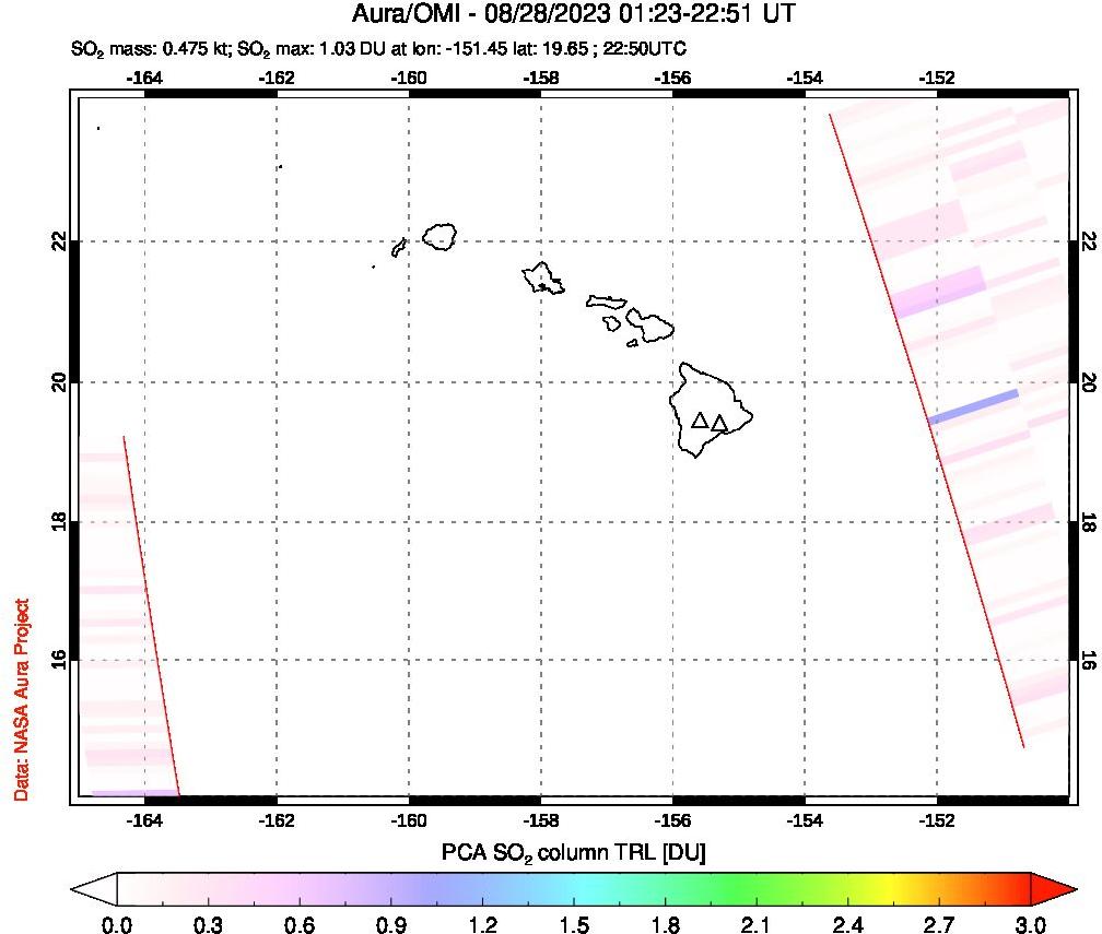 A sulfur dioxide image over Hawaii, USA on Aug 28, 2023.