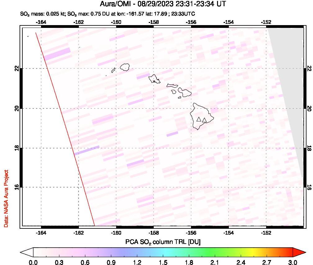 A sulfur dioxide image over Hawaii, USA on Aug 29, 2023.