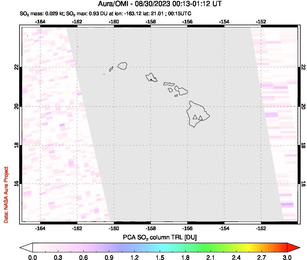 A sulfur dioxide image over Hawaii, USA on Aug 30, 2023.