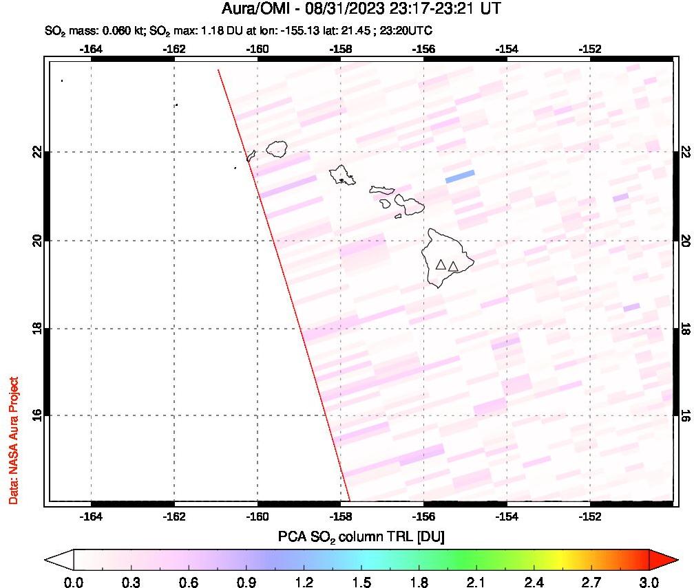 A sulfur dioxide image over Hawaii, USA on Aug 31, 2023.