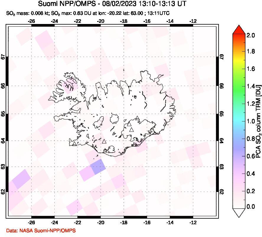 A sulfur dioxide image over Iceland on Aug 02, 2023.