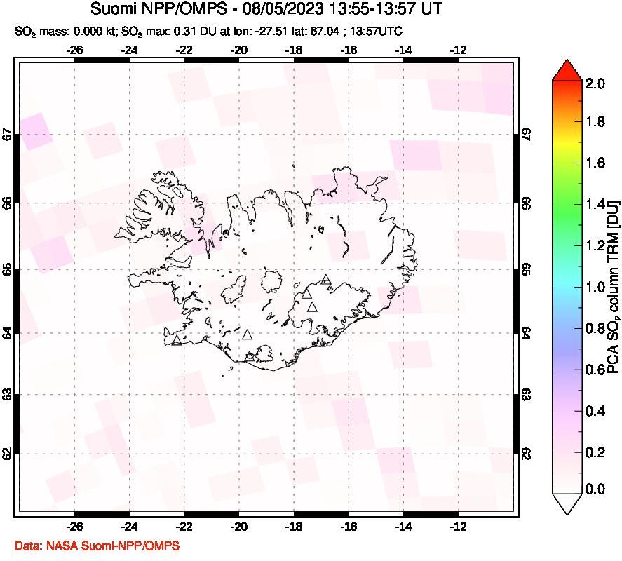 A sulfur dioxide image over Iceland on Aug 05, 2023.