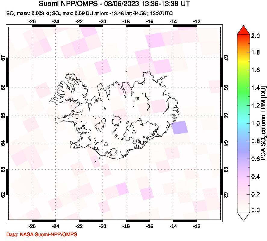 A sulfur dioxide image over Iceland on Aug 06, 2023.