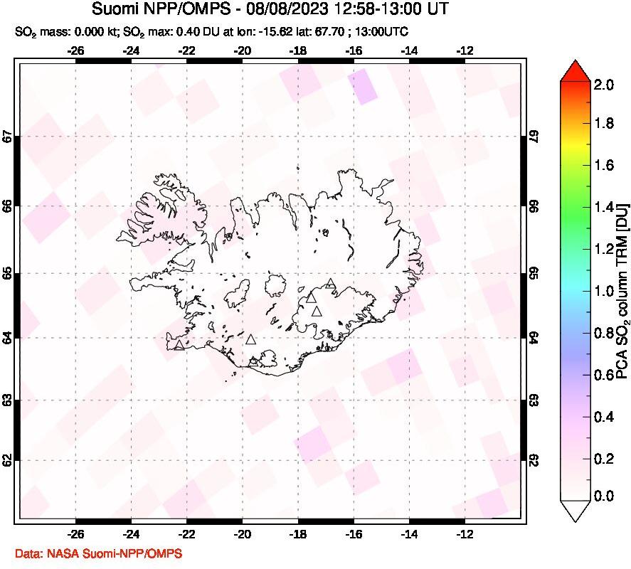 A sulfur dioxide image over Iceland on Aug 08, 2023.