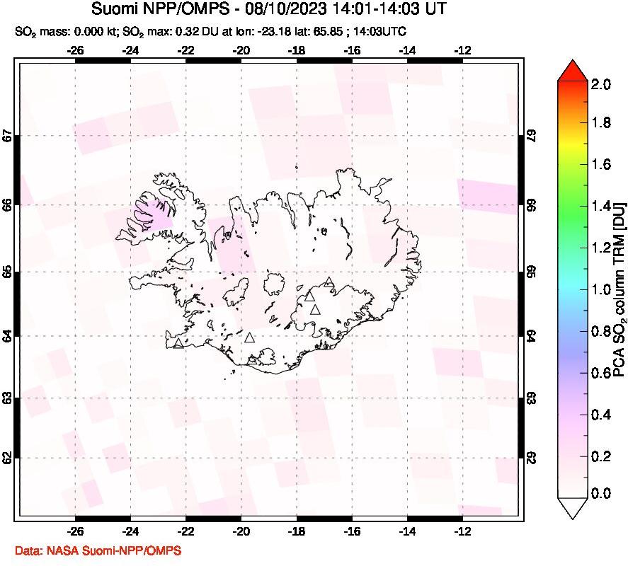 A sulfur dioxide image over Iceland on Aug 10, 2023.