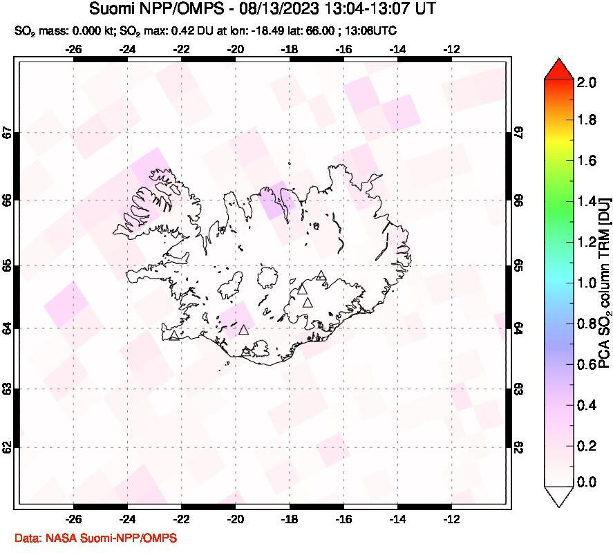 A sulfur dioxide image over Iceland on Aug 13, 2023.