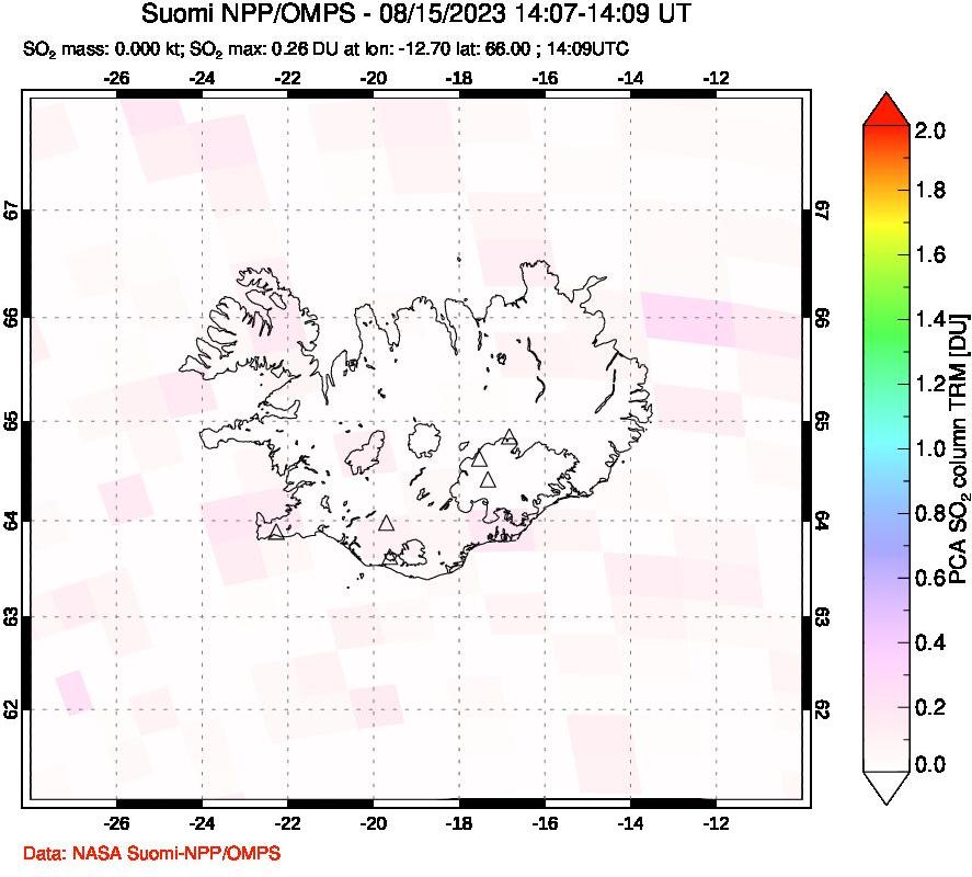 A sulfur dioxide image over Iceland on Aug 15, 2023.