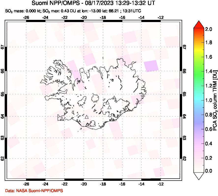 A sulfur dioxide image over Iceland on Aug 17, 2023.