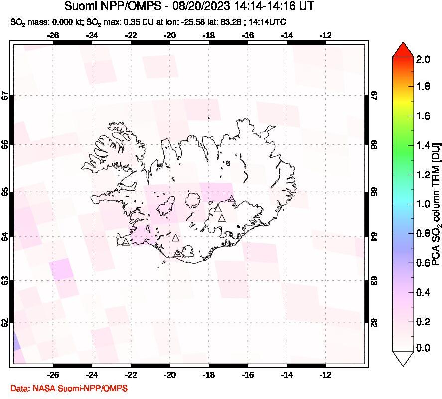 A sulfur dioxide image over Iceland on Aug 20, 2023.