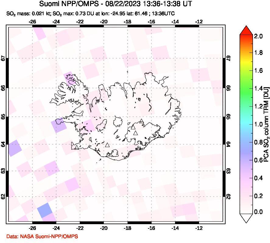 A sulfur dioxide image over Iceland on Aug 22, 2023.