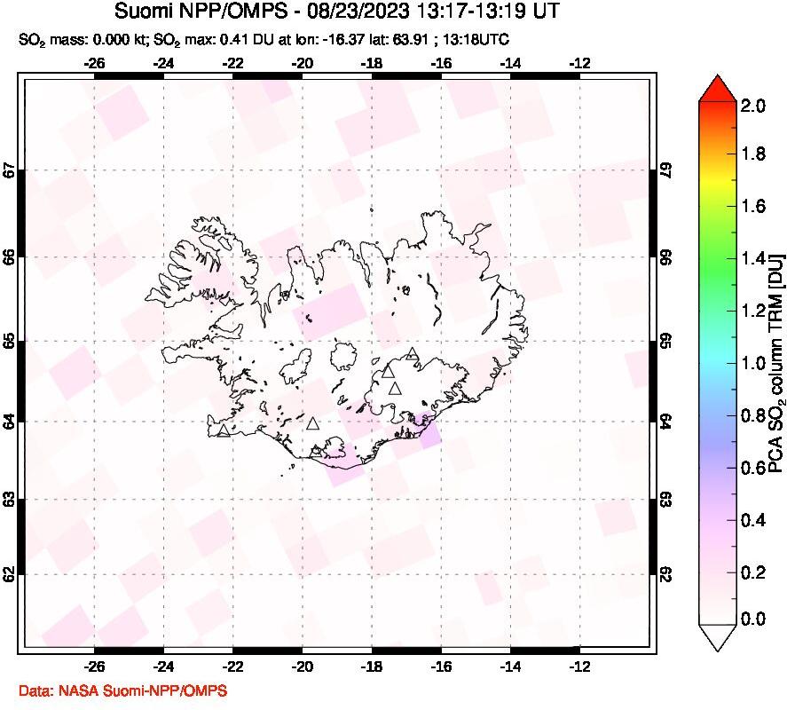 A sulfur dioxide image over Iceland on Aug 23, 2023.