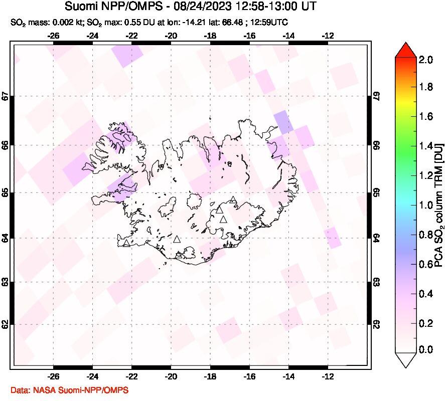 A sulfur dioxide image over Iceland on Aug 24, 2023.