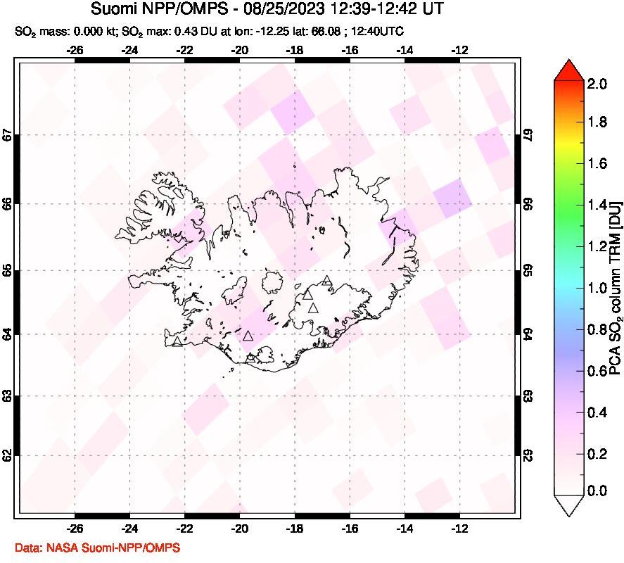 A sulfur dioxide image over Iceland on Aug 25, 2023.