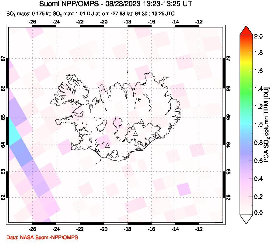 A sulfur dioxide image over Iceland on Aug 28, 2023.