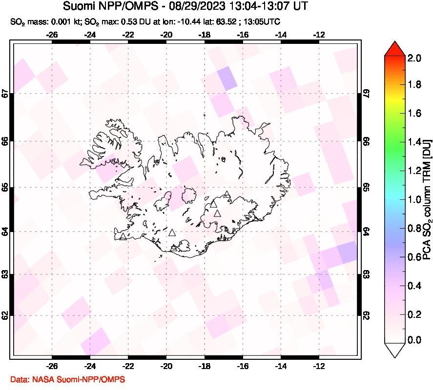 A sulfur dioxide image over Iceland on Aug 29, 2023.