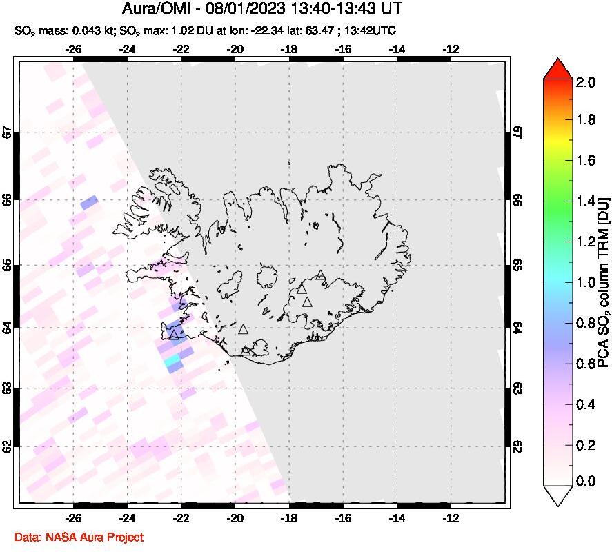 A sulfur dioxide image over Iceland on Aug 01, 2023.